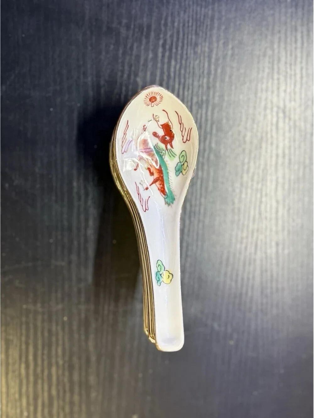 Vintage Chinese Porcelain Soup Spoons Set of 7 Dragon Gold Trim 6” Asian
